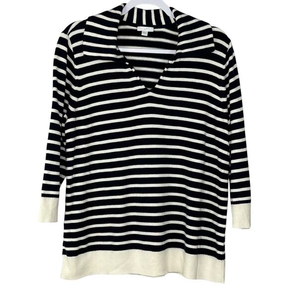 J Jill Sweater Womens L Blue White Stripe Collared V-Neck Coastal 3/4 Sleeve - Picture 1 of 5